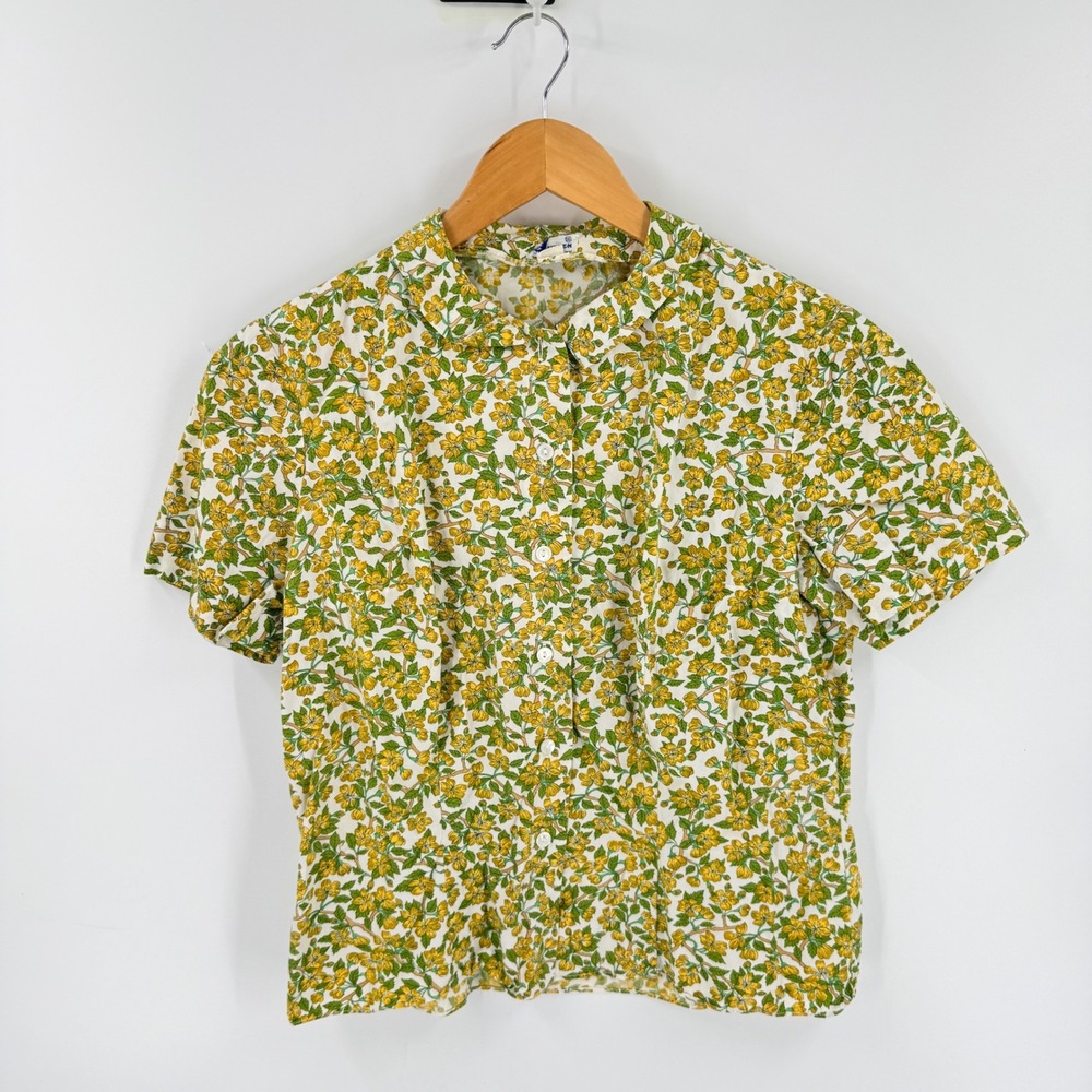 McMullen Button Up Blouse Yellow Green Floral Size 16 Vintage Cottagecore Retro